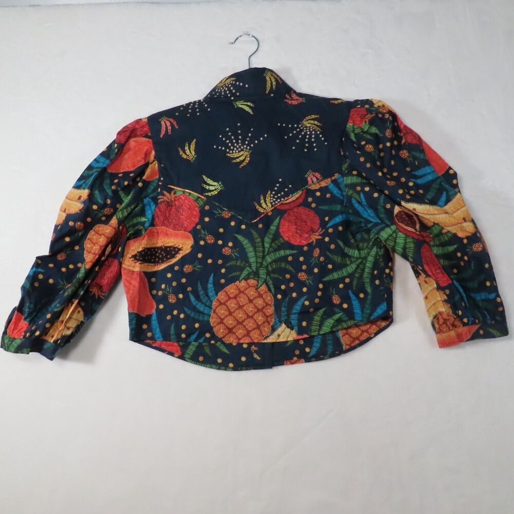 FARM Rio Tropical Fruit Print Cropped Button Blouse Jacket Puff Sleeve S - Picture 2 of 12